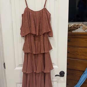 By Together Rust Tiered Midi Dress with Metallic Dots